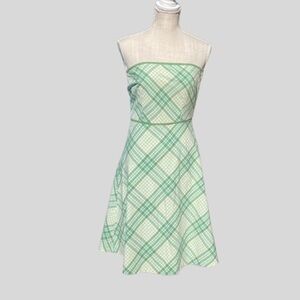 LOFT Strapless Green Gingham A-Line Dress
